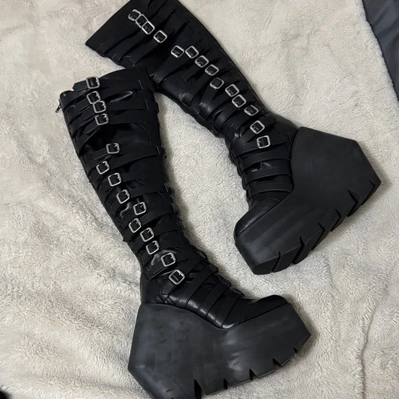 Gothic Black Buckle Strappy Monster Wedge Knee High Platform Boots - 9 - Picture 9 of 17